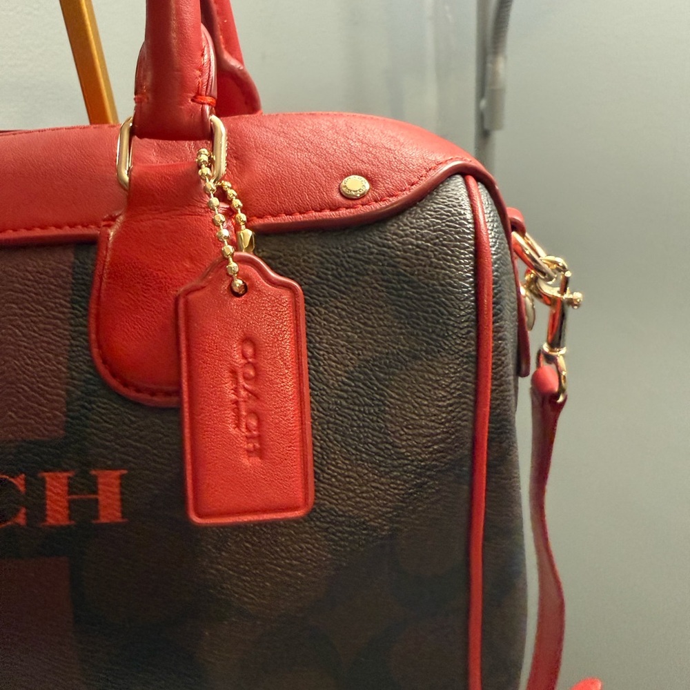 👜 Coach Leather Mini Satchel w/ Signature Stripe – Red & Brown - Picture 4 of 12